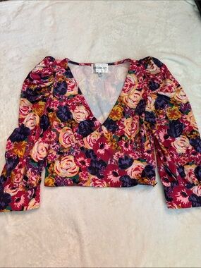ZARA Oscar St Floral V-Neck Puff Sleeve Top